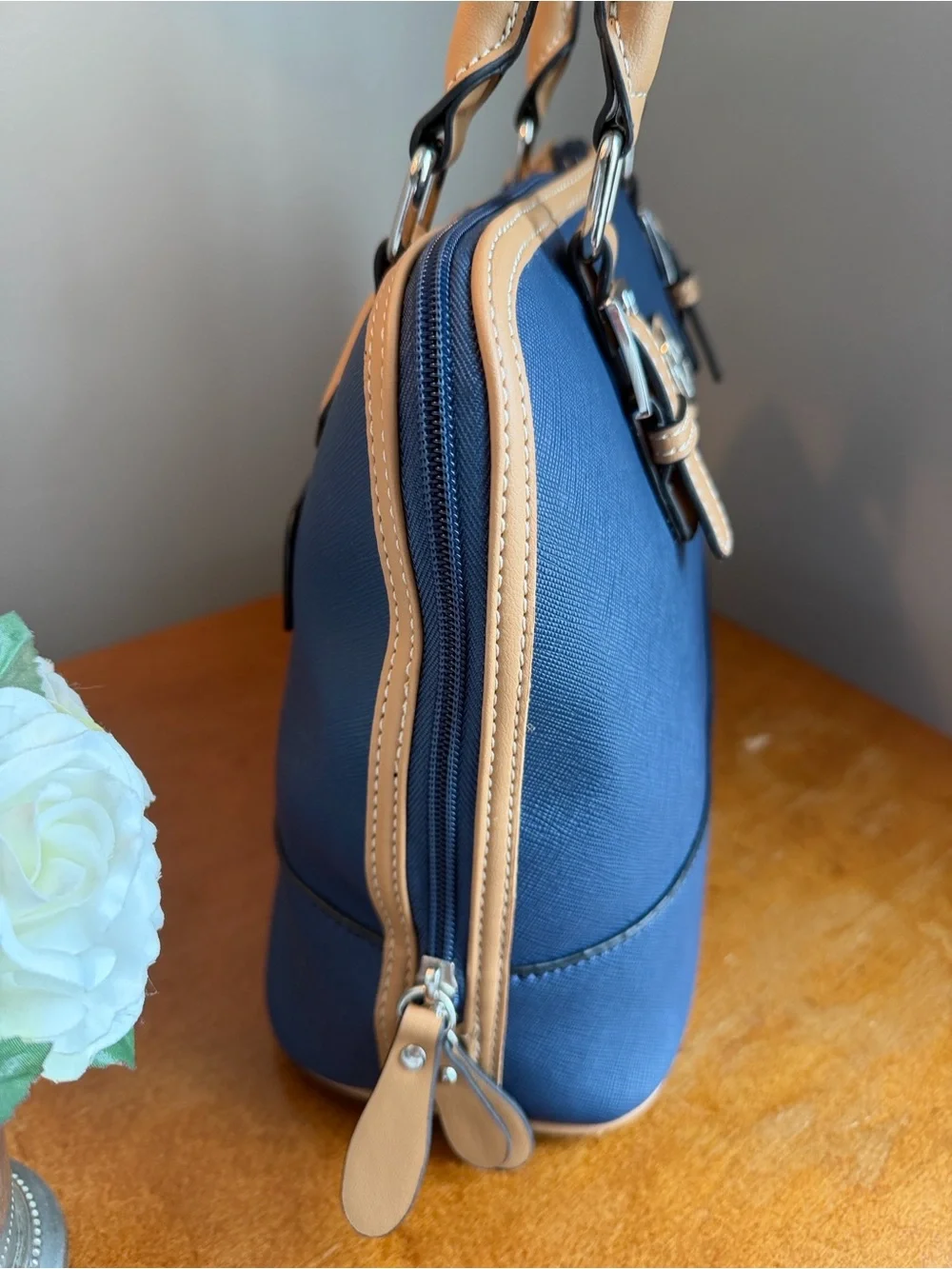 Giani Bernini Navy and Tan Saffiano Satchel
